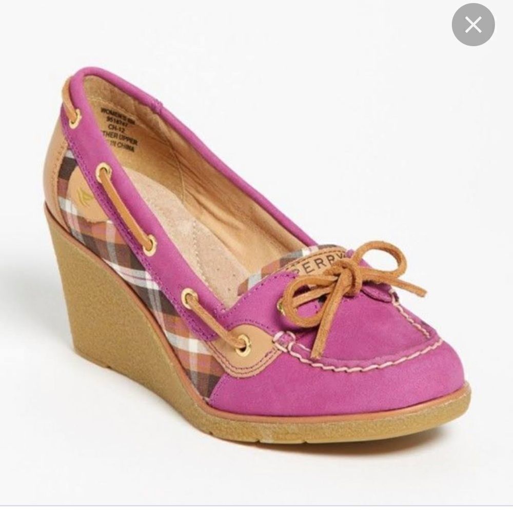 Sperry Pink Plaid Goldfish Leather Wedges